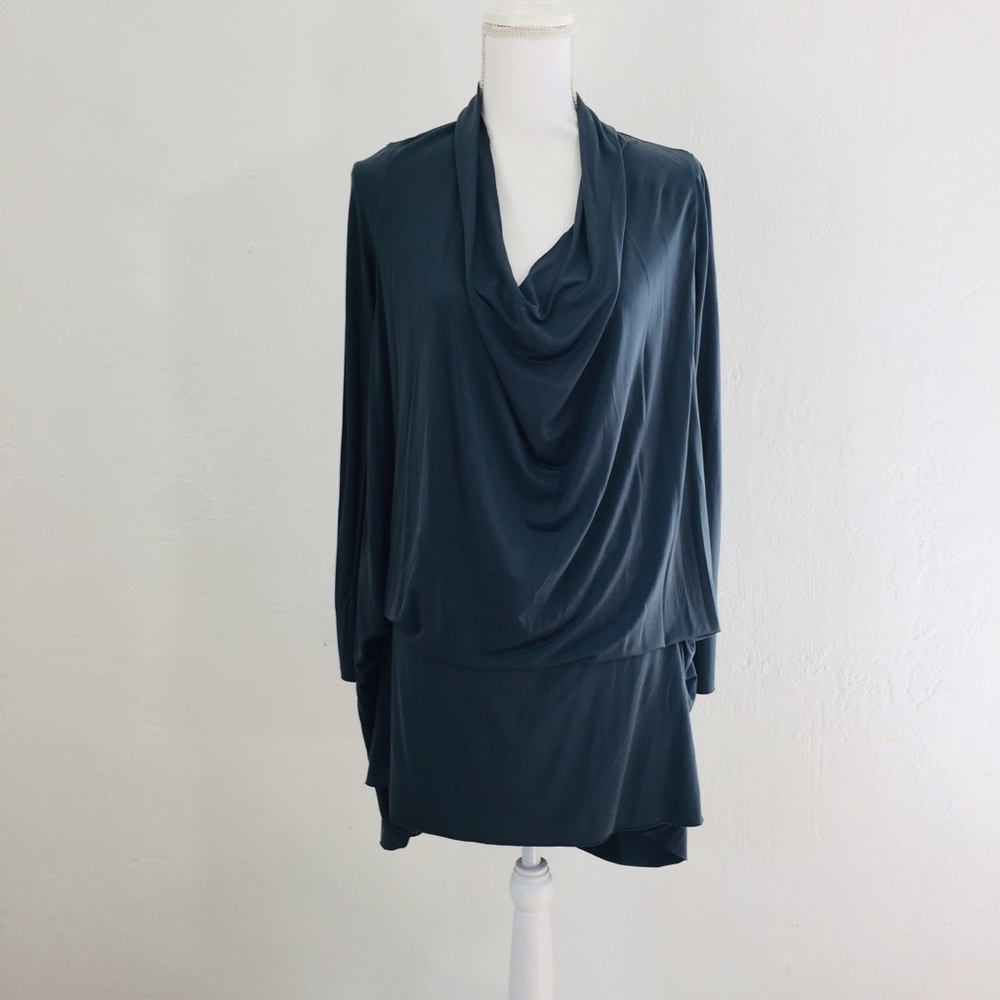 AllSaints Draped Long-Sleeve Mini Dress in Deep Teal and also available in Black - Picture 2 of 8